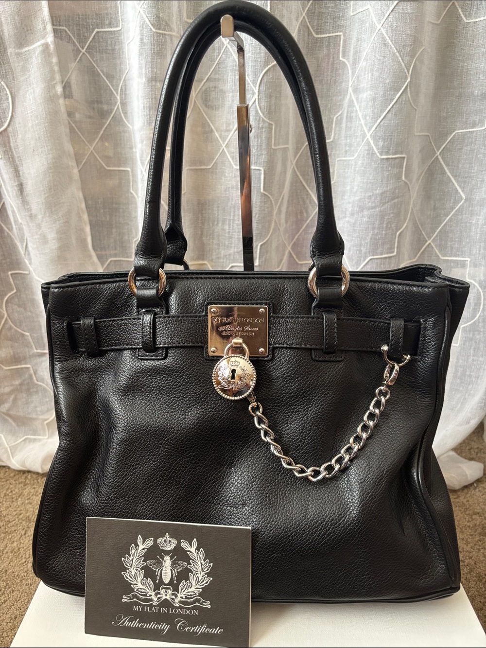 Retired My Flat in London Black Leather Shoulder Bag with Silver Chain Charm
